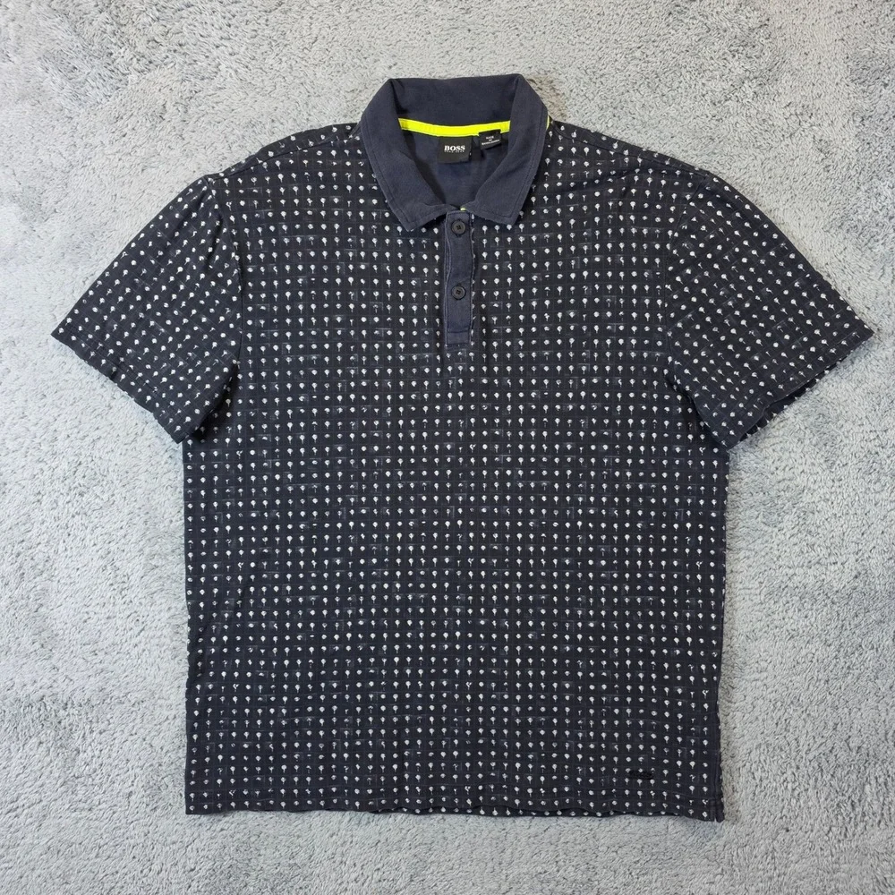 BOSS Hugo Boss Polo Shirt Mens M Navy Blue Palm Tree Print Cotton Short Sleeve